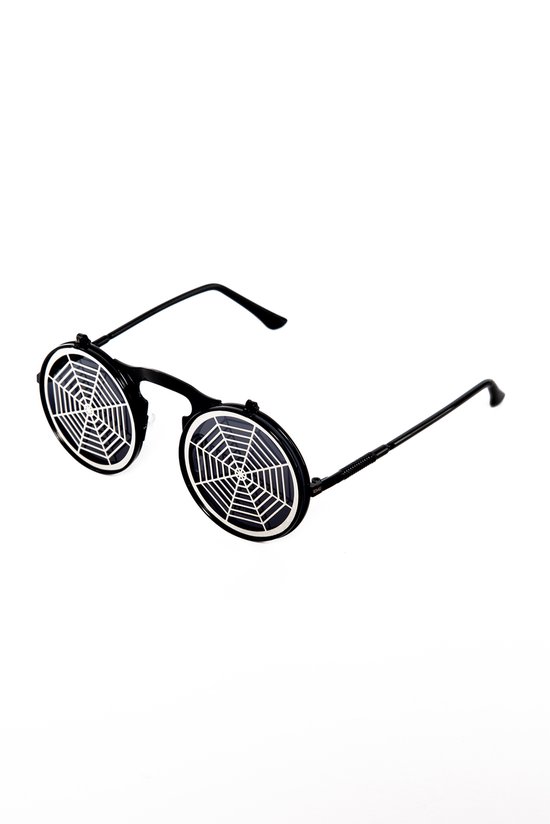 KIMU Flip Up Zonnebril Spinnenweb - Zwart Montuur - Zilver Zwarte Glazen - Spin Halloween Horror Web Spooky Steampunk Vintage Opplakbaar Bril Festival van KIMU