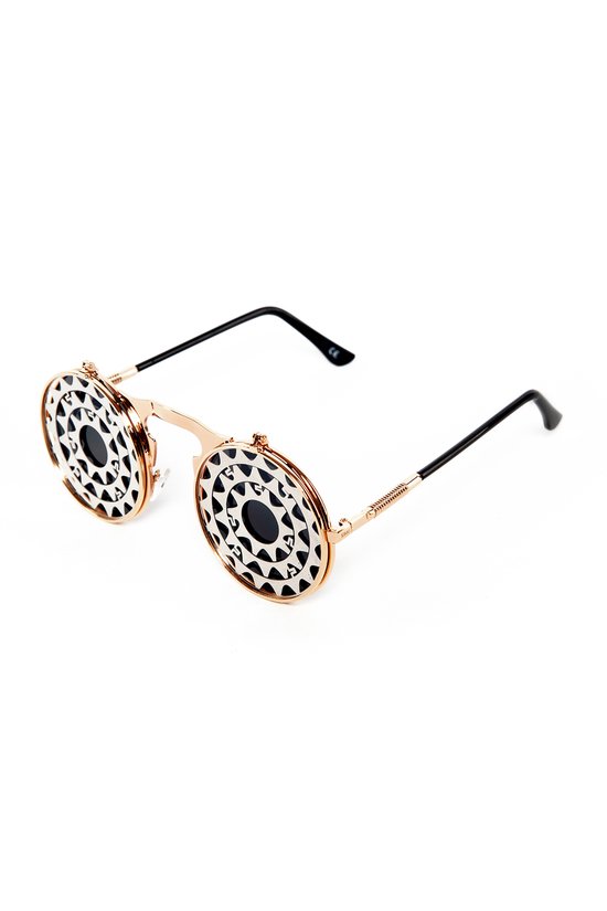 KIMU Flip Up Zonnebril Tandwielen - Goud Montuur - Zilver Zwarte Glazen - Tandwiel Wiel Mechaniek Steampunk Vintage Retro Opplakbaar Bril Festival van KIMU