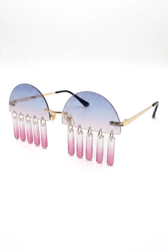 KIMU® Fringe Zonnebril - Goud Montuur - Blauwe Roze Glazen - Blauw Roze Franje Zoom Druppels Gordijn Versiering Rand Franjeslierten Zonsondergang Festival