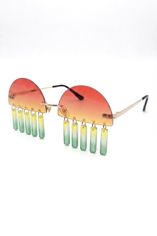 KIMU® Fringe Zonnebril - Goud Montuur - Rode Gele Groene Glazen - Geel Groene Franje Zoom Druppels Gordijn Versiering Rand Franjeslierten Jamaica Festival