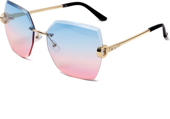 KIMU Geslepen Diamant Zonnebril - Goud Montuur - Blauw Roze Gradient Glazen - Geometrich Vierkant Randloos Designer Hollywood Elegant Festival van KIMU
