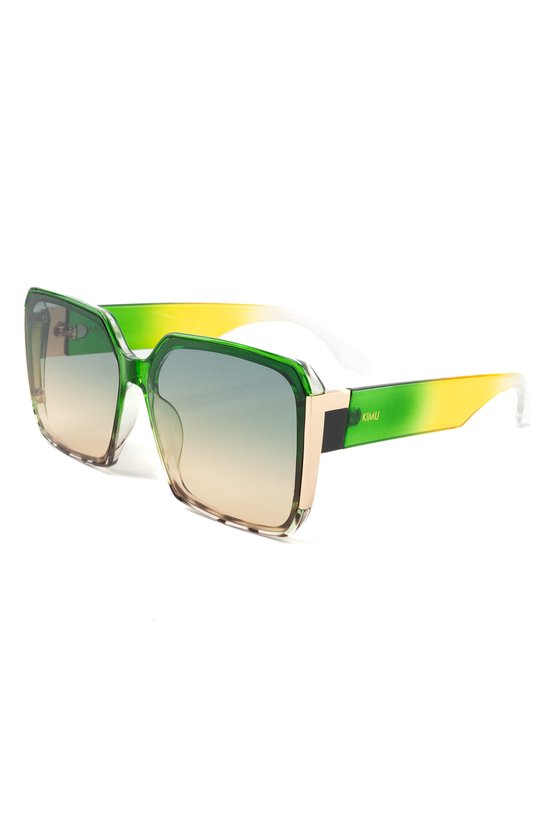 KIMU Groot Vierkant Zonnebril - Geel Groen Montuur Goud Kunststof - Groene Gradient Glazen - Zonnebril Bril Modern Retro Heren Dames Carnaval van KIMU