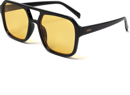 KIMU Influencer Zonnebril - Zwart Montuur - Gele Glazen - Social Media Hollywood Stoer Hip Retro Avator Trendsetter Celebrity Pilotenbril Carnaval van Merkloos