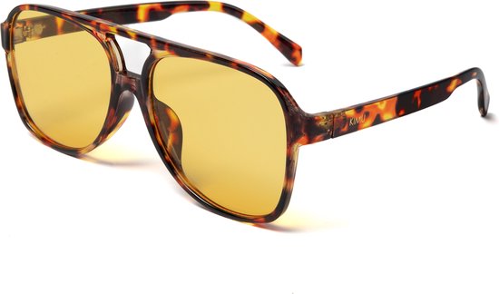 KIMU Motor Pilotenbril Groot - Tortoise Bruin Montuur Kunststof - Gele Glazen - Bril Zonnebril Influencer Motorbril Retro Heren Bruin Piloot Carnaval van Merkloos