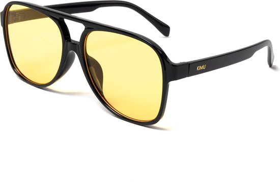 KIMU Motor Pilotenbril Groot - Zwart Montuur Kunststof - Gele Glazen - Bril Piloten Zonnebril Influencer Motorbril Retro Vintage Heren Piloot Carnaval van Merkloos