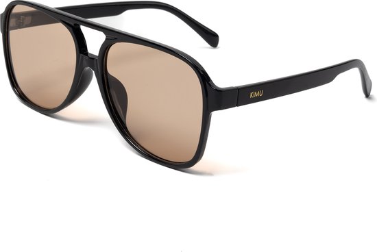 KIMU Motor Pilotenbril Groot - Zwart Montuur Kunststof - Lichtbruine Glazen - Bruine Bril Zonnebril Influencer Motorbril Retro Heren Bruin Carnaval van Merkloos