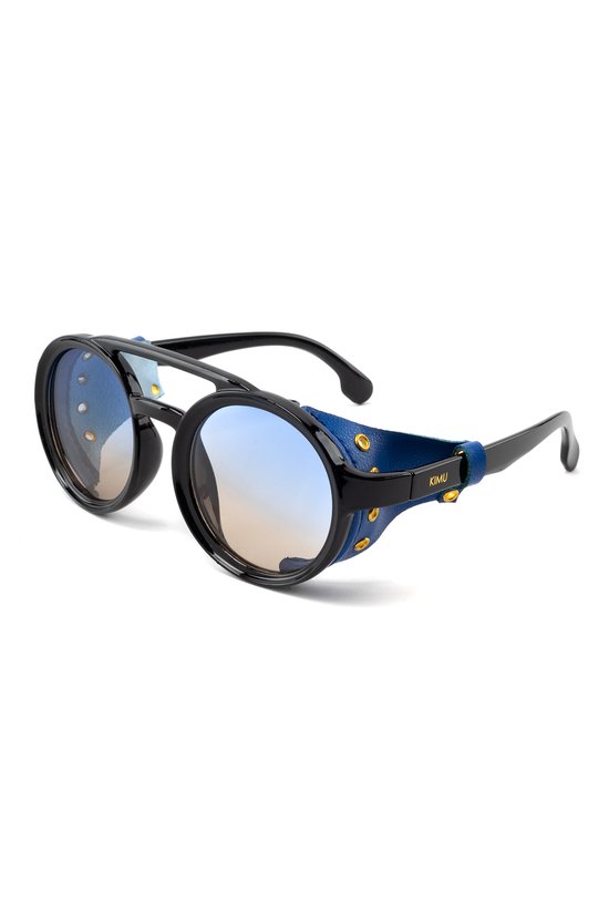 KIMU Motor Ronde Zonnebril - Zwart Montuur Zijkanten - Blauw Bruin Gradient Glazen - Volwassenen Kunststof Vintage Piloot Amerikaans Aviator Festival van KIMU