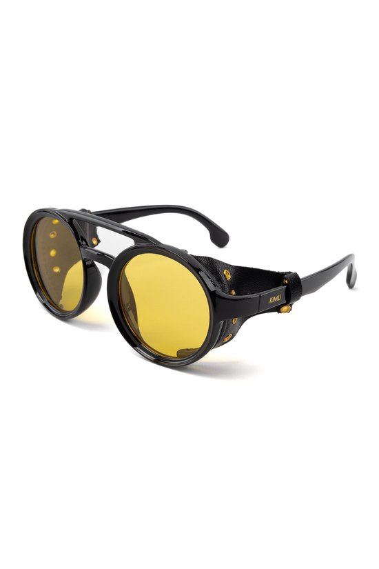 KIMU Motor Ronde Zonnebril - Zwart Montuur Zijkanten - Gele Glazen - Volwassenen Kunststof Vintage Piloot Amerikaans Aviator Retro Kerstkado Kerst Kado van Merkloos