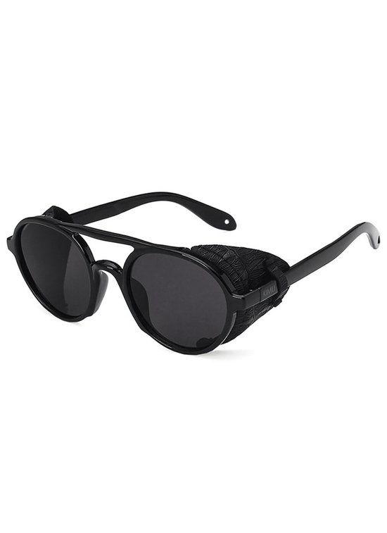 KIMU Motor Zonnebril - Zwart Montuur - Zwarte Glazen - Vintage Retro Seventies Motorbril Carrera-Look Zijflappen Dichte Zijkant Carnaval van KIMU