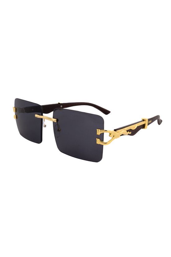 KIMU Panter Rechthoek Zonnebril - Goud Montuur - Zwarte Glazen - Volwassenen Kunststof Luxe Luipaard Cheetah Mode Miljonair Rijkdom Carnaval van KIMU