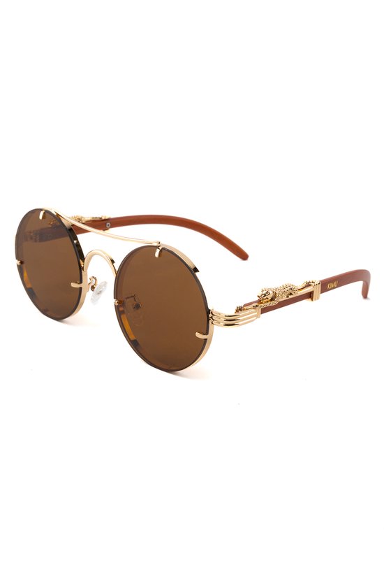 KIMU Panter Rond Zonnebril - Goud Montuur - Bruin Glazen - Volwassenen Kunststof Luxe Luipaard Cheetah Mode Miljonair Rijkdom Influencer Carnaval van KIMU