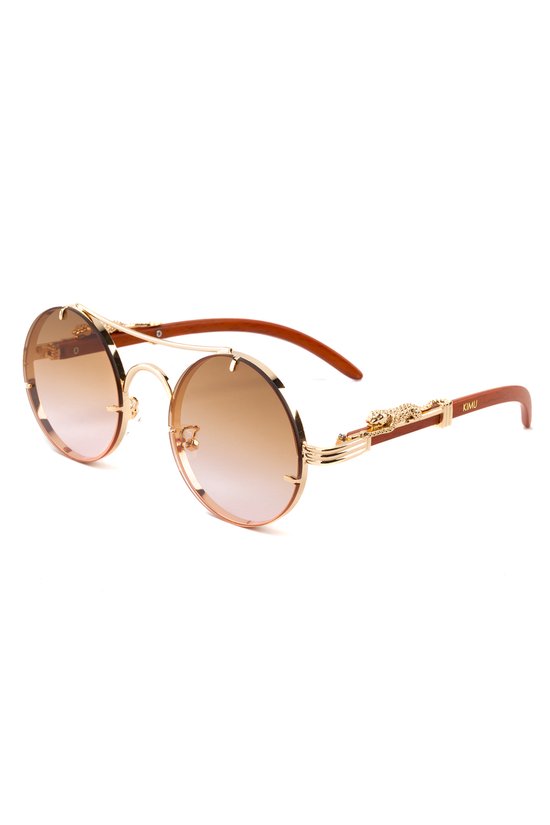 KIMU Panter Rond Zonnebril - Goud Montuur - Bruin Gradient Glazen - Volwassenen Kunststof Luxe Luipaard Cheetah Mode Miljonair Rijkdom Sinterklaas Kado van KIMU