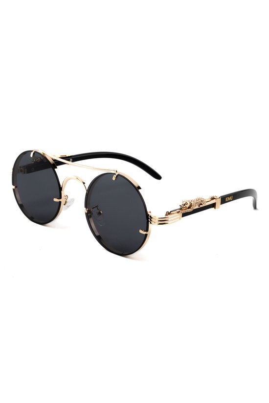 KIMU Panter Rond Zonnebril - Goud Montuur - Zwarte Glazen - Volwassenen Kunststof Luxe Luipaard Cheetah Mode Miljonair Rijkdom Influencer Carnaval van KIMU