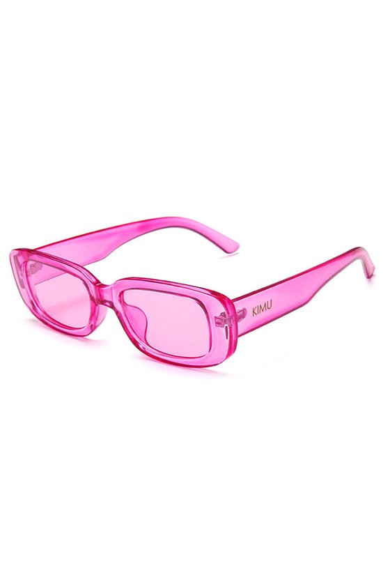KIMU Rechthoekige Zonnebril Y2K Kunststof - Roze Montuur Rechthoekig - Roze Glazen - Smalle Smal Afgeronde Nineties 90's Retro Carnaval van Merkloos