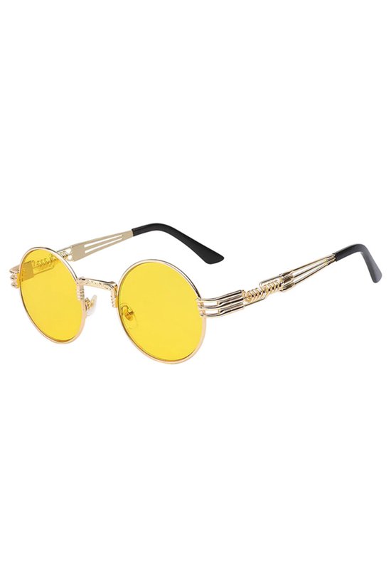 KIMU Ronde Bril Steampunk Heren - Goud Montuur Rond - Gele Glazen - Nachtbril Autorijden Wintersport Retro Hippie - Gouden Zonnebril Geel Uv Carnaval van KIMU
