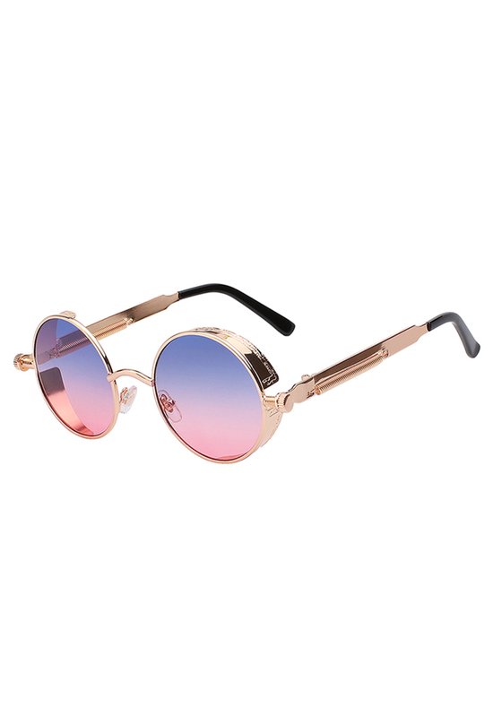 KIMU Ronde Bril Steampunk Vintage - Goud Montuur Rond - Blauw Roze Glazen - Gouden Zonnebril - Retro Hippie Uv Blauwe Gradient Festival