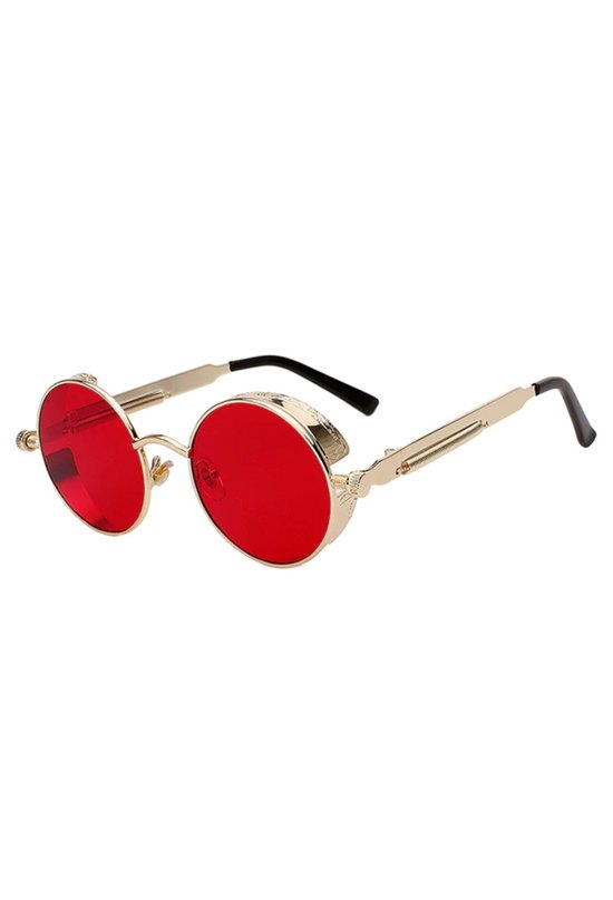 KIMU® Ronde Bril Steampunk Vintage - Goud Montuur Rond - Rode Glazen - Nachtbril Autorijden Wintersport Retro Hippie - Gouden Zonnebril Uv Festival