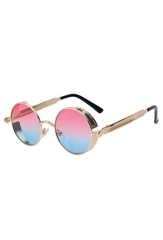 KIMU Ronde Bril Steampunk Vintage - Goud Montuur Rond - Roze Blauwe Glazen - Gouden Zonnebril - Retro Hippie Uv Blauw Gradient Festival van Merkloos