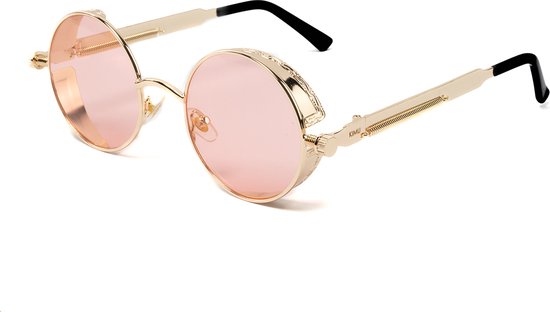 KIMU Ronde Bril Steampunk Vintage - Goud Montuur Rond - Roze Glazen - Gouden Zonnebril - Retro Hippie Uv Festival van KIMU