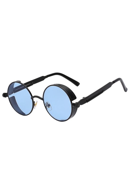 KIMU® Ronde Bril Steampunk Vintage - Zwart Montuur Rond - Blauwe Glazen - Retro Hippie - Zwarte Zonnebril Blauw Uv Halloween
