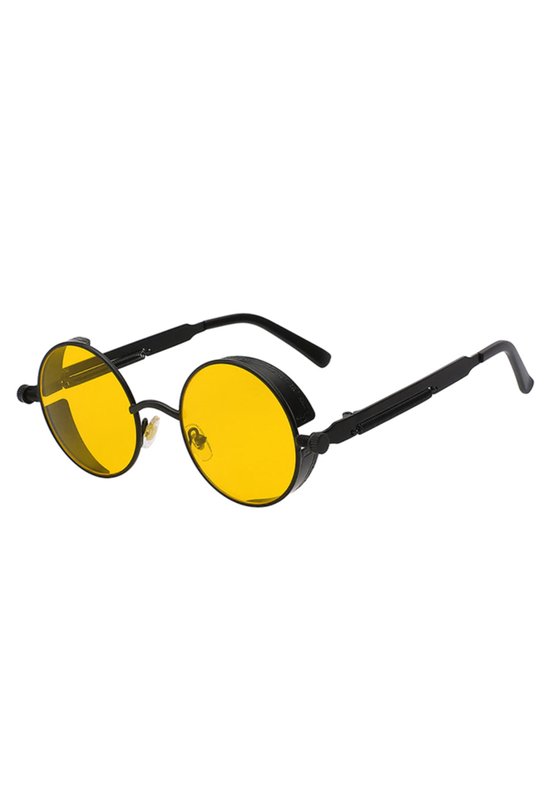 KIMU Ronde Bril Steampunk Vintage - Zwart Montuur Rond - Gele Glazen - Nachtbril Autorijden Wintersport Retro Hippie - Zwarte Zonnebril Geel Uv Carnaval van KIMU