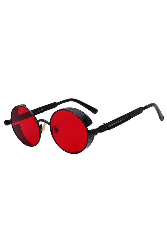 KIMU Ronde Bril Steampunk Vintage - Zwart Montuur Rond - Rode Glazen - Nachtbril Autorijden Wintersport Retro Hippie - Zwarte Zonnebril Uv Carnaval van KIMU