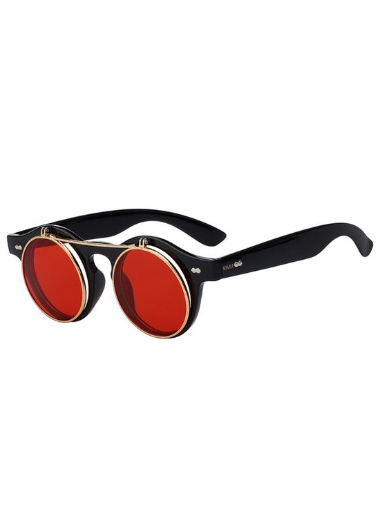 KIMU Ronde Bril Vintage Flip Up - Mat Zwart Montuur - Rode Glazen - Nachtbril Autorijden Wintersport - Rood Zwarte Vintage Retro Steampunk Opklapbaar Festival van KIMU