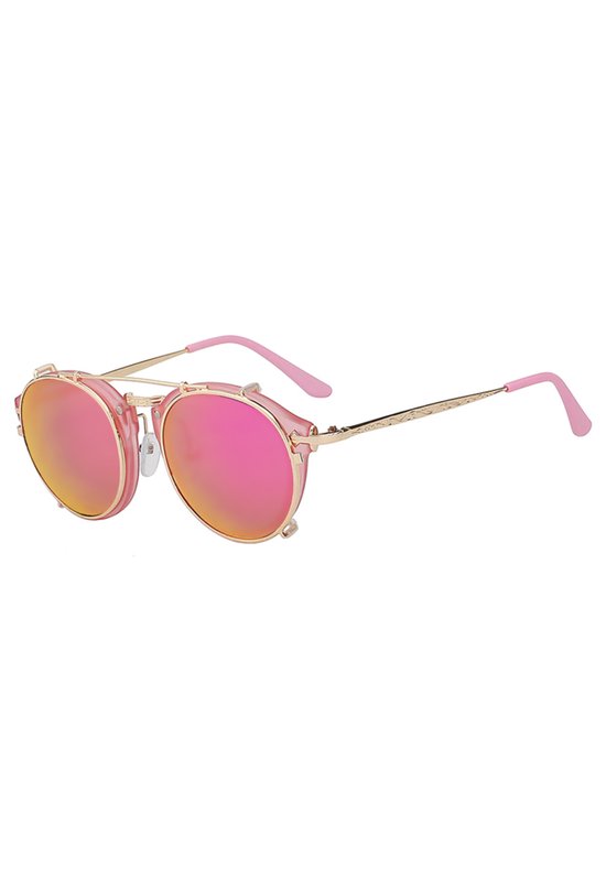 KIMU Ronde Zonnebril Clip On Steampunk - Doorzichtig Lichtroze/Goud Montuur Rond - Roze Spiegelglazen - Vintage Gouden Clipon Voorzet Pink Festival van KIMU