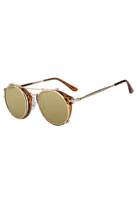 KIMU Ronde Zonnebril Clip On Steampunk - Turtoise Bruin Goud Montuur Rond - Gouden Spiegelglazen - Vintage Bruine Clipon Voorzet Festival van Merkloos