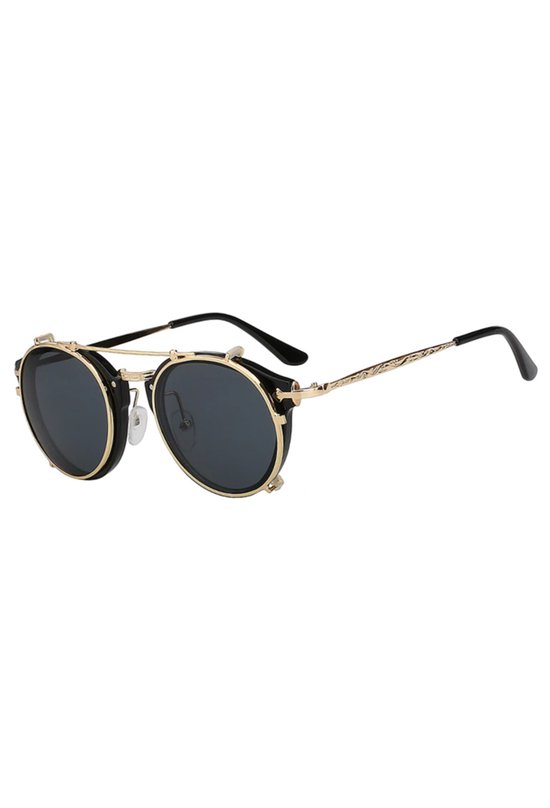 KIMU Ronde Zonnebril Clip On Steampunk - Zwart Goud Montuur Rond - Zwarte Glazen - Vintage Gouden Clipon Voorzet Carnaval van Merkloos