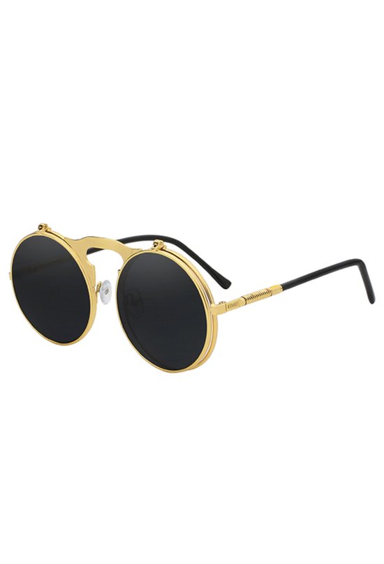 KIMU Ronde Zonnebril Flip Up - Goud Montuur Rond - Zwarte Glazen - Vintage Steampunk Retro Opklapbaar Zwart Gouden Bril Festival van Merkloos