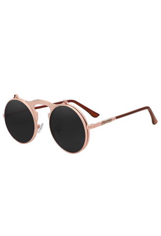 KIMU Ronde Zonnebril Flip Up - Roségoud Montuur Rond - Zwarte Spiegelglazen - Vintage Steampunk Retro Opklapbaar Bril Bruine Pootjes - Rosékleurig Vintage Rosé Roze Festival van Merkloos
