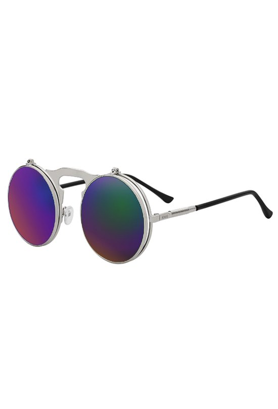 KIMU Ronde Zonnebril Flip Up - Zilver Montuur Rond - Oliekleurige Spiegelglazen 50Mm - Vintage Steampunk Retro Opklapbaar Bril Regenboog Festival van KIMU