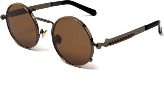 KIMU Ronde Zonnebril Hipster - Brons Montuur Rond - Donkerbruine Glazen - Vintage Retro Hippie Bronzen Motor Brilletje Festival van Merkloos