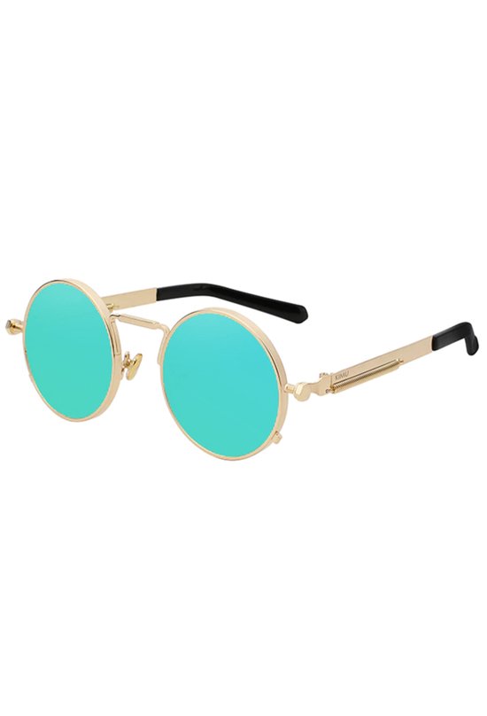 KIMU Ronde Zonnebril Hipster - Goud Montuur Rond - Blauwe Spiegelglazen - Vintage Retro Hippie Blauw Motor Brilletje Festival van Merkloos