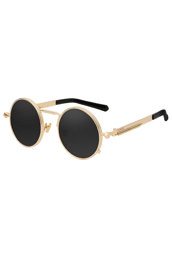 KIMU Ronde Zonnebril Hipster - Goud Montuur Rond - Zwarte Glazen - Vintage Retro Hippie Gouden Brilletje Sixties Seventies Festival van Merkloos