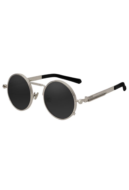 KIMU Ronde Zonnebril Hipster - Zilver Montuur Rond - Zwarte Glazen - Vintage Retro Hippie Zilveren Brilletje Sixties Seventies Festival
