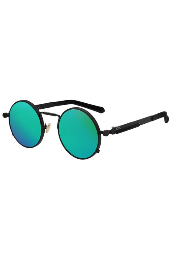 KIMU Ronde Zonnebril Hipster - Zwart Montuur Rond - Groene Spiegelglazen - Vintage Retro Hippie Groen Motor Brilletje Festival