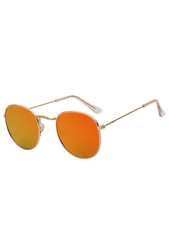 KIMU Ronde Zonnebril Round Metal - Goud Montuur Rond - Oranje Spiegelglazen - Retro Gouden Vintage Brilletje Koningsdag van Merkloos