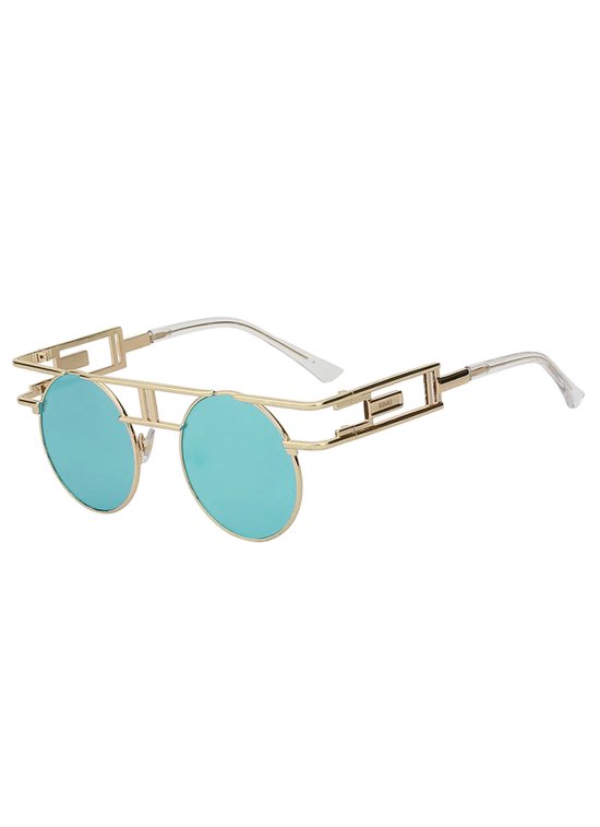 KIMU Ronde Zonnebril Steampunk Burning Man - Goud Montuur Rond - Lichtblauwe Spiegelglazen - Blauw Blauwe Gouden Retro Vintage Festival van Merkloos
