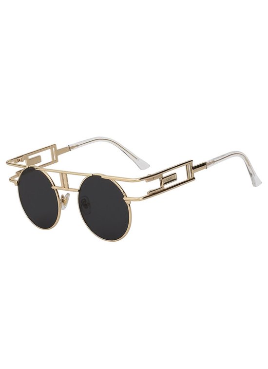 KIMU® Ronde Zonnebril Steampunk Burning Man - Goud Montuur Rond - Zwarte Glazen - Gouden Retro Vintage Festival