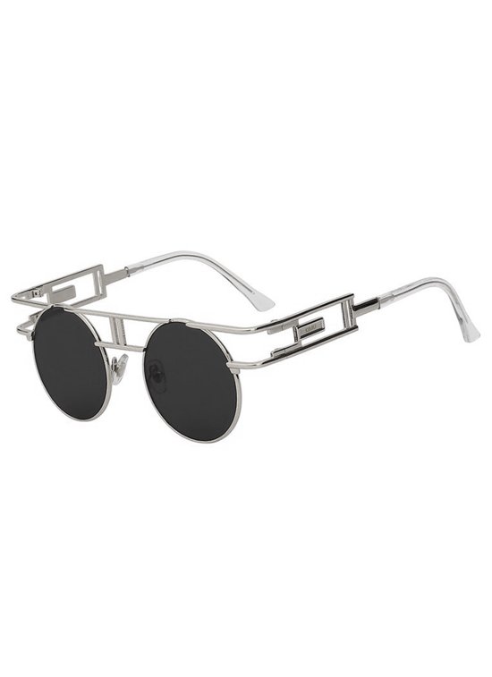 KIMU Ronde Zonnebril Steampunk Burning Man - Zilver Montuur Rond - Zwarte Glazen - Zilveren Retro Vintage Carnaval van KIMU