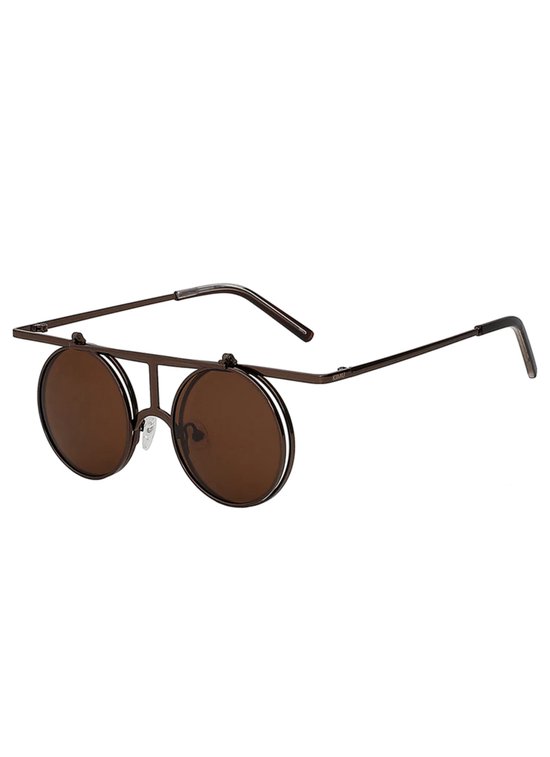 KIMU Ronde Zonnebril Steampunk Flip Up - Brons Montuur Rond - Bruine Glazen - Bruin Bronzen Vintage Retro Opklapbaar Carnaval van KIMU