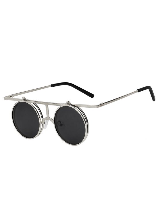 KIMU® Ronde Zonnebril Steampunk Flip Up - Zilver Montuur Rond - Zwarte Glazen - Zilveren Vintage Retro Opklapbaar Festival