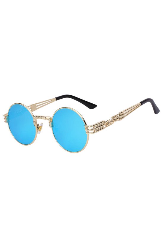 KIMU Ronde Zonnebril Steampunk Heren - Goud Montuur Rond - Blauwe Spiegelglazen - Vintage Retro Hippie Blauw Hipster Brilletje Festival van Merkloos