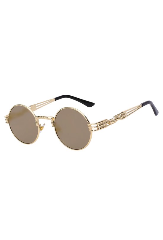 KIMU Ronde Zonnebril Steampunk Heren - Goud Montuur Rond - Gouden Spiegelglazen - Vintage Retro Hippie Hipster Brilletje Festival van Merkloos