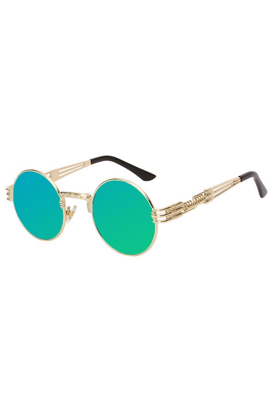 KIMU® Ronde Zonnebril Steampunk Heren - Goud Montuur Rond - Groene Spiegelglazen - Vintage Retro Hippie Groen Hipster Brilletje Festival