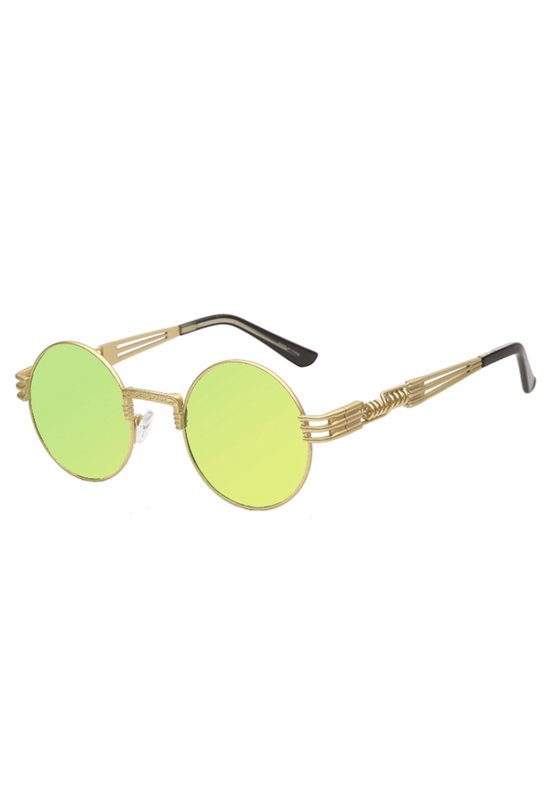 KIMU® Ronde Zonnebril Steampunk Heren - Goud Montuur Rond - Limegroene Spiegelglazen - Gele Vintage Retro Hippie Lime Geel Groen Hipster Brilletje Festival