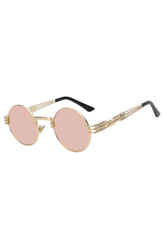 KIMU Ronde Zonnebril Steampunk Heren - Goud Montuur Rond - Rosé Spiegelglazen - Vintage Retro Roségoud Gouden Lichtroze Hippie Roze Hipster Brilletje Festival van Merkloos