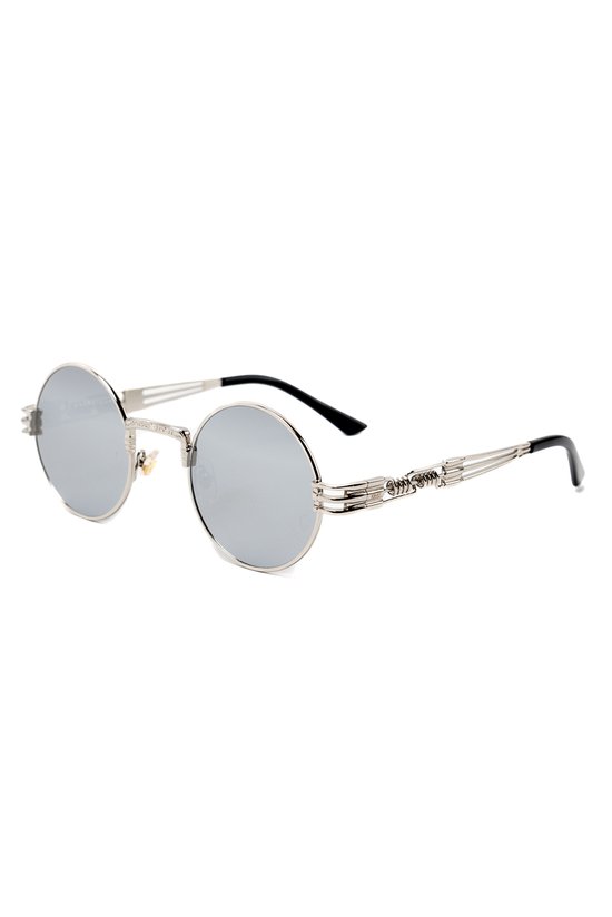 KIMU Ronde Zonnebril Steampunk Heren - Zilver Montuur Rond - Zilveren Spiegelglazen - Vintage Retro Hippie Zilveren Hipster Brilletje Festival van KIMU